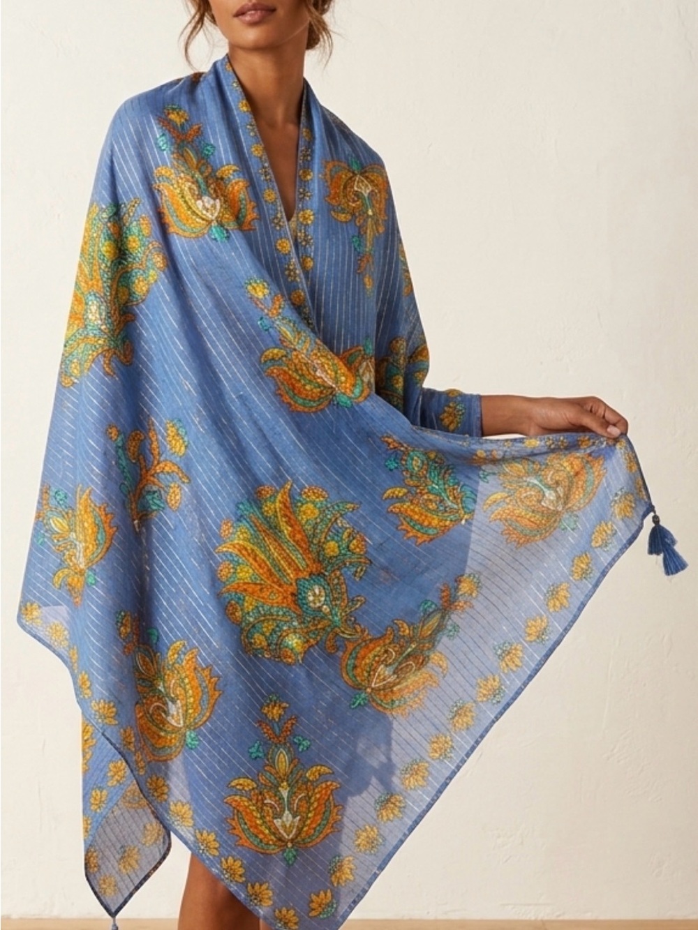 ARATTA SILENT JOURNEY Blue Floral Paisley Tassel Scarf Wrap